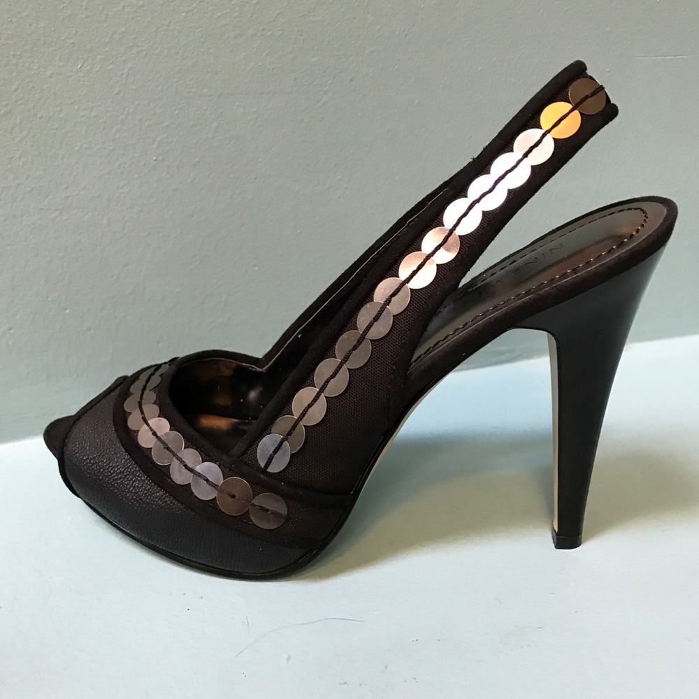 Black leather, sling-back, stilettos, new in box
